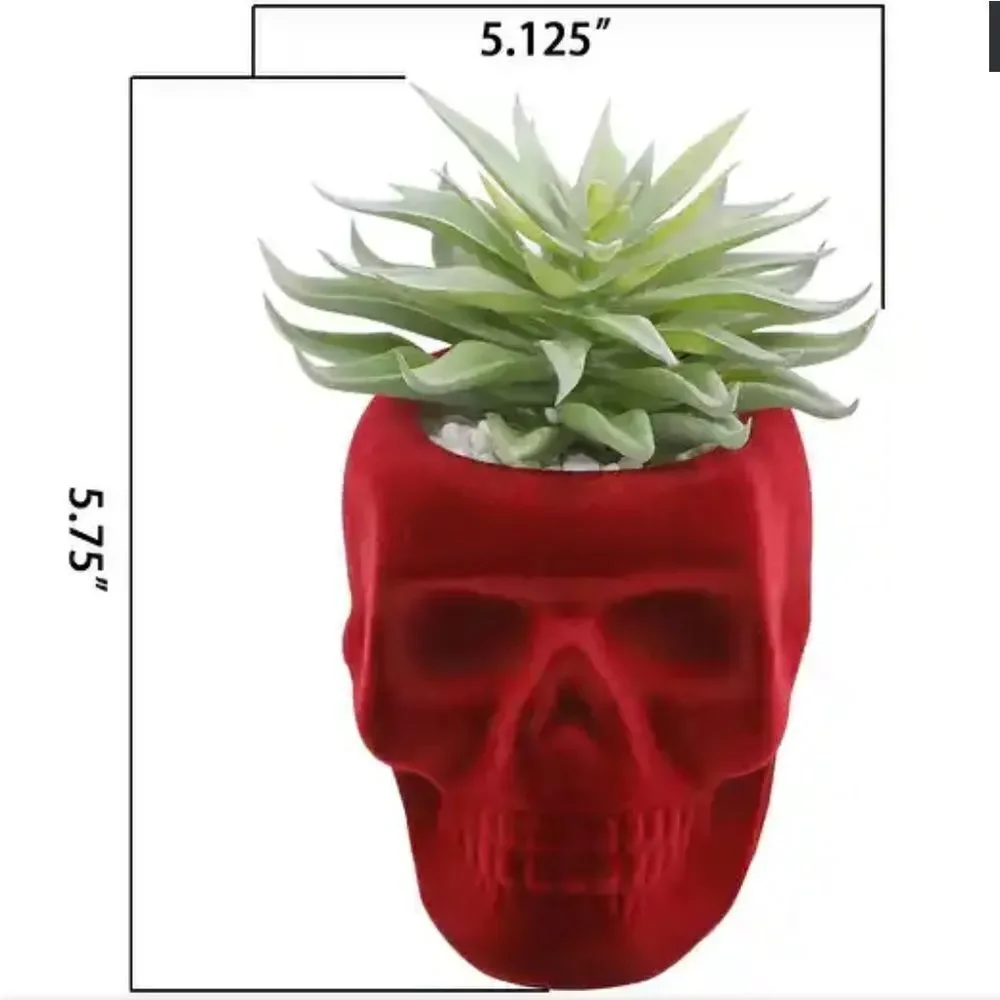 FLORA BUNDA Flocked Velvet Skull Planter with Artificial Succulent